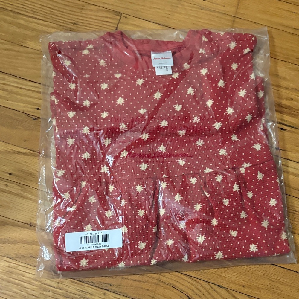 *Hanna Andersson Red Balloon Sleeve Waffle Dress with Tree Print-size is 6-7 - Picture 4 of 6